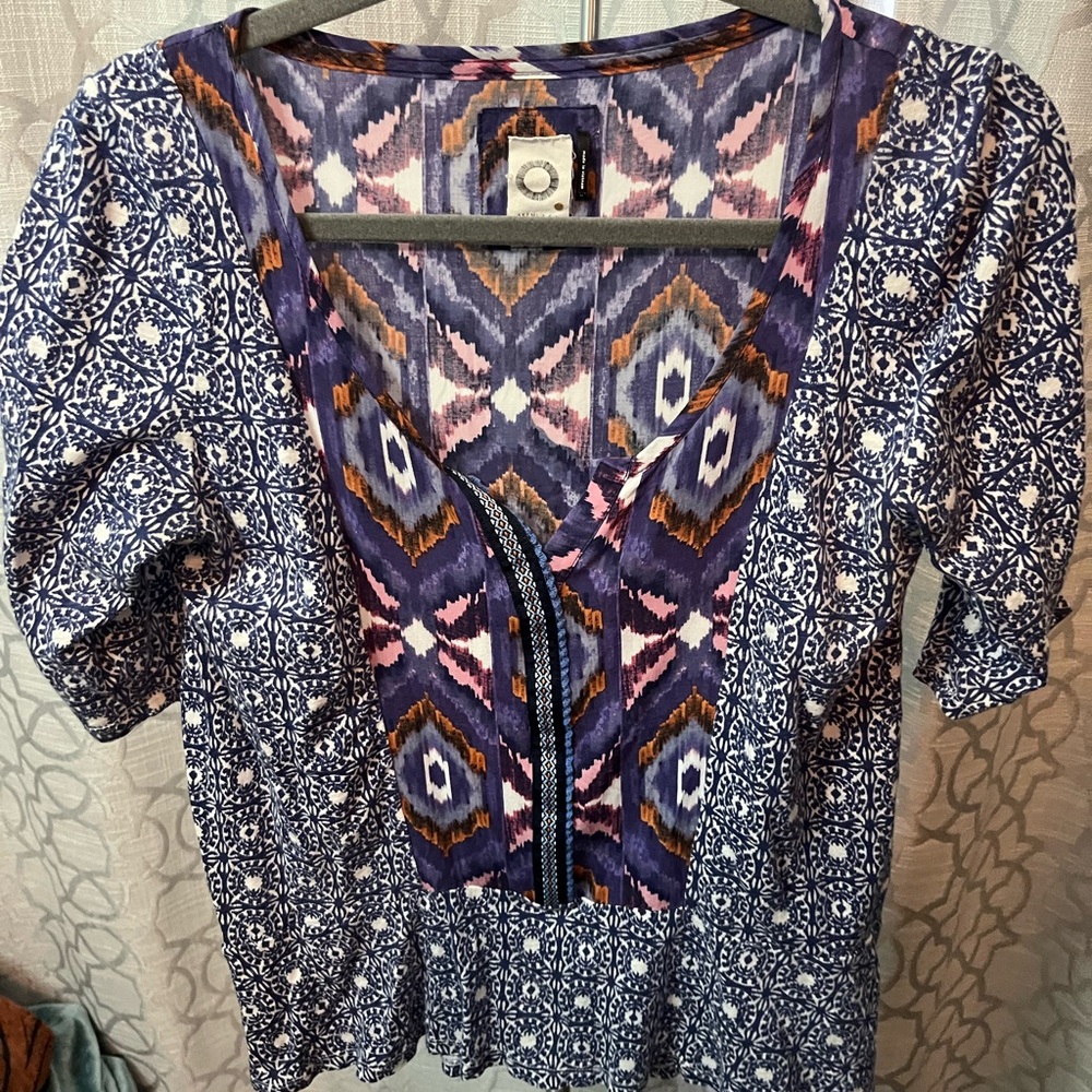 Anthropologie Blue and Pink Geometric Blouse